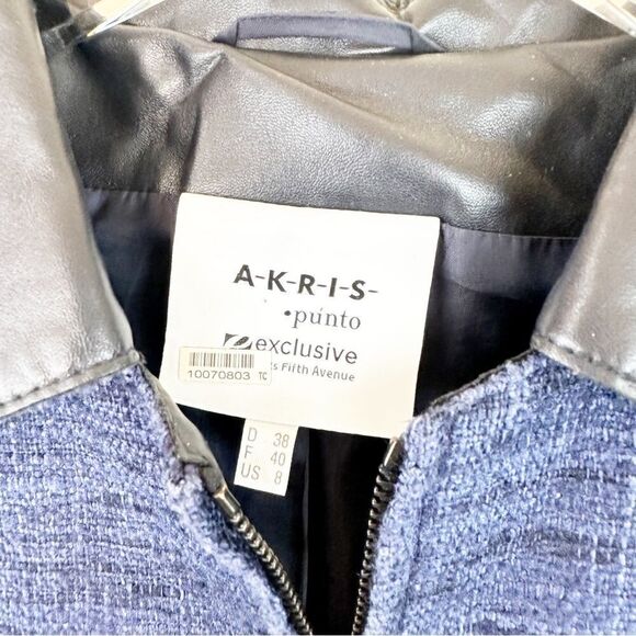 Akris Silk Faux Leather Crop Jacket Zip Size 8 Navy Tweed - Picture 2 of 6